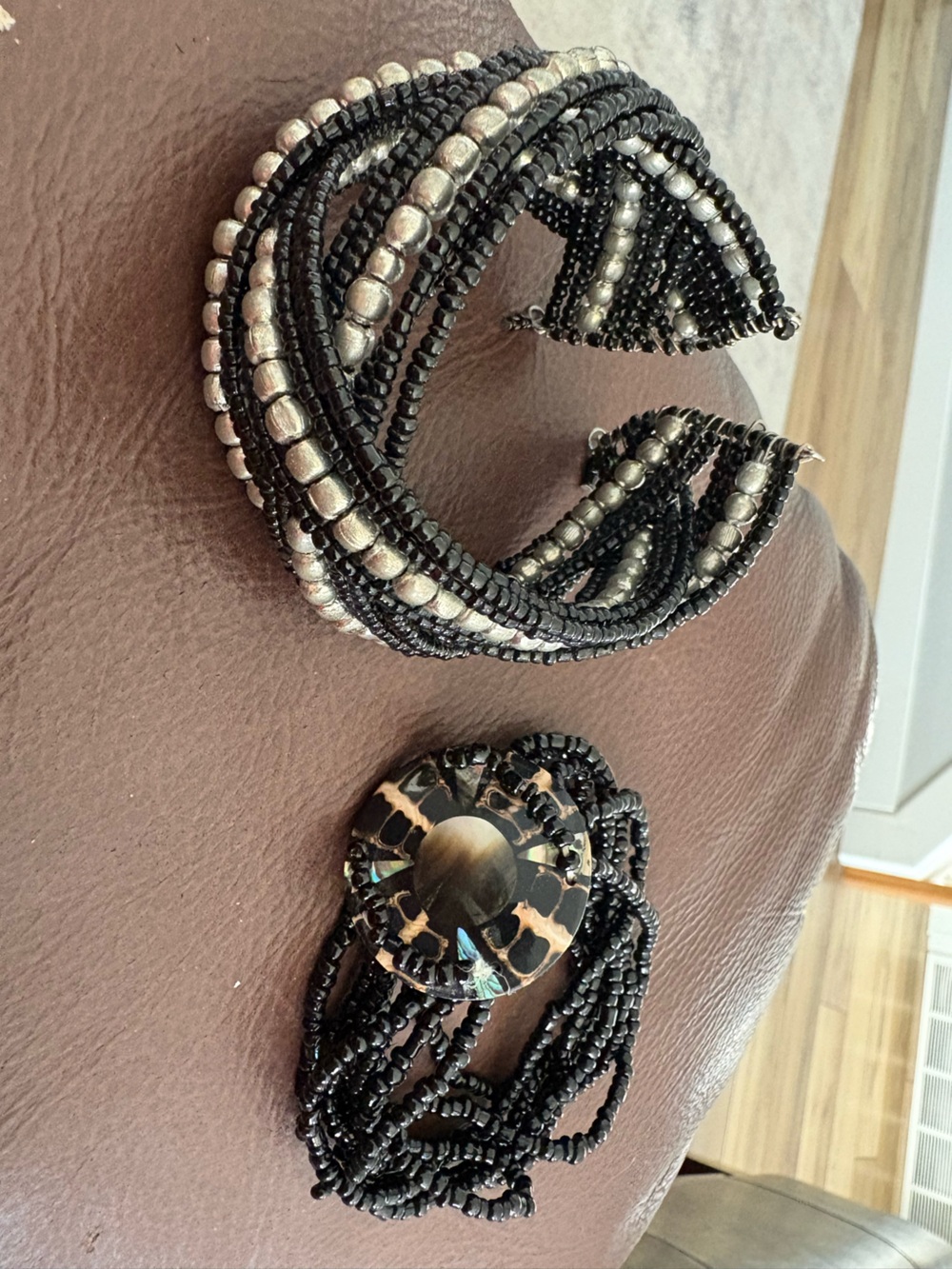 Boho Beaded Bracelet Lot Multi Strand Black Silver Cuff & Shell Focal Pair